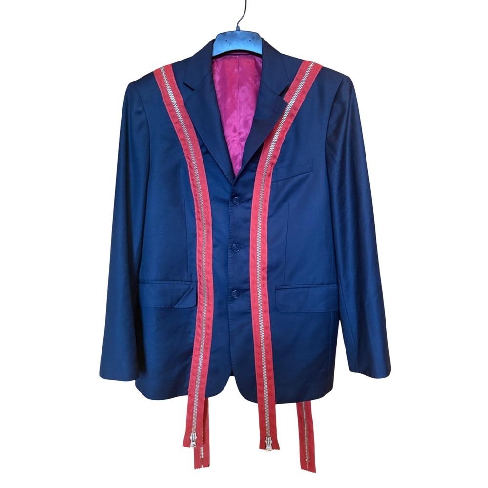 Scott Knight John Cooper Savile Row Cashmere Blazer Red Zipper Trim Navy Blue